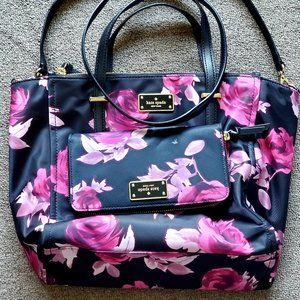 Kate Spade Rose Symphony Tote Black Floral & matching wallet bundle